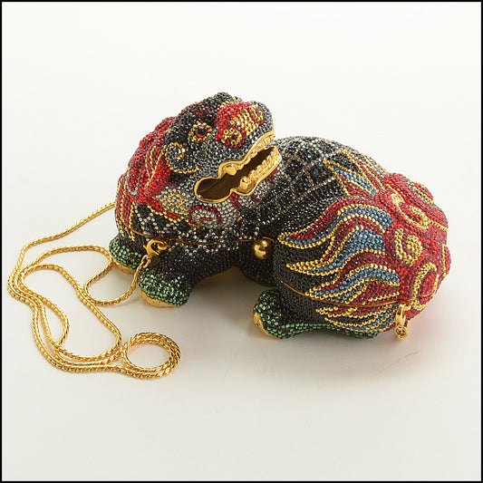RDC15252 JUDITH LEIBER Black Ming Foo Dog Crystal Minaudiere Bag