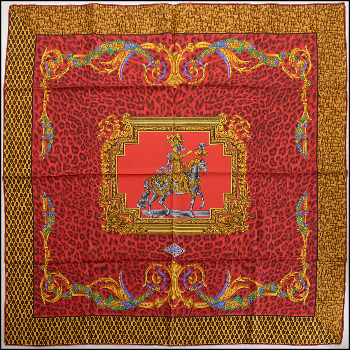 RDC14800 GIANNI VERSACE Vintage Red/Gold Horse & Rider Silk Scarf
