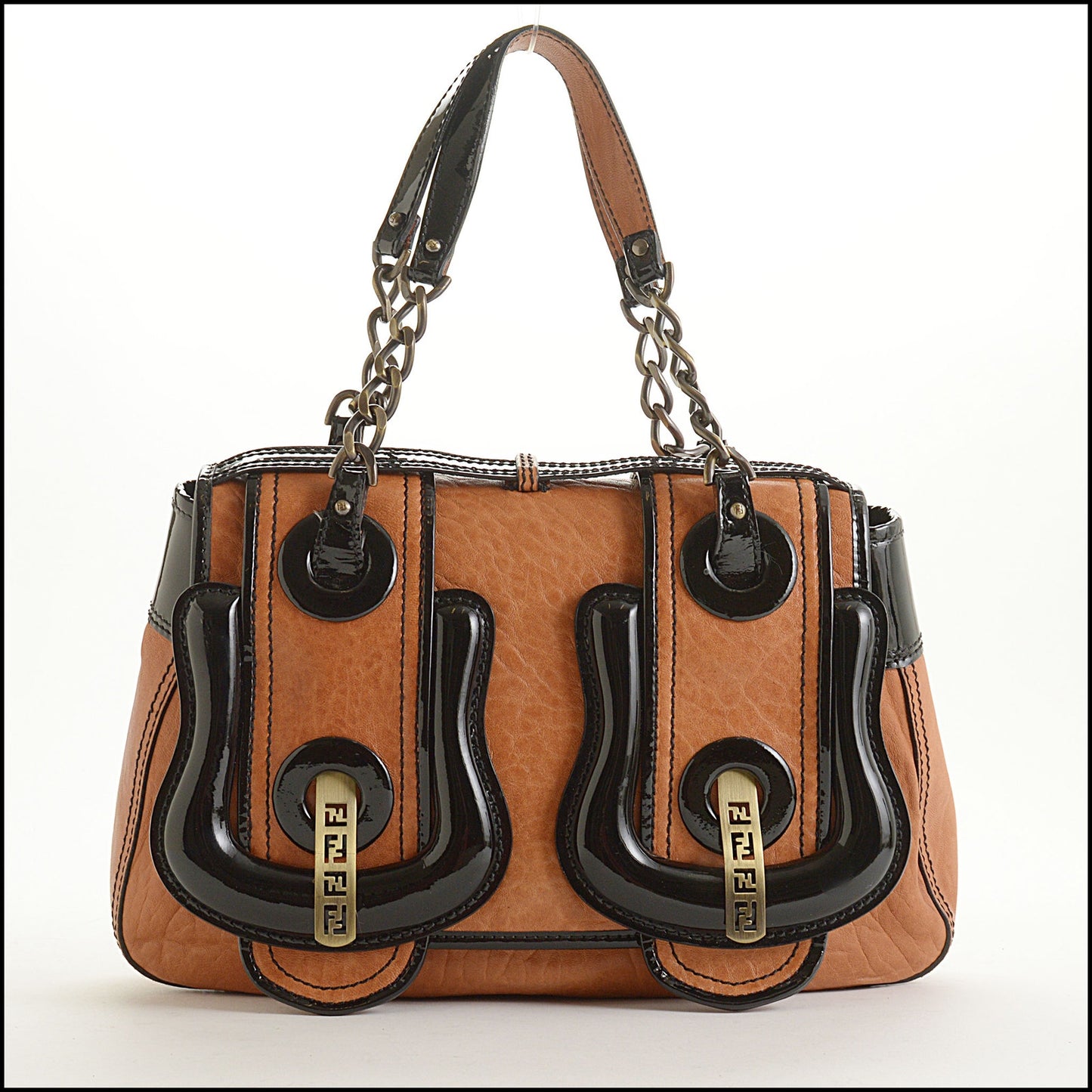 RDC15596 FENDI Black Patent / Saddle Brown Leather B-Bag Flap