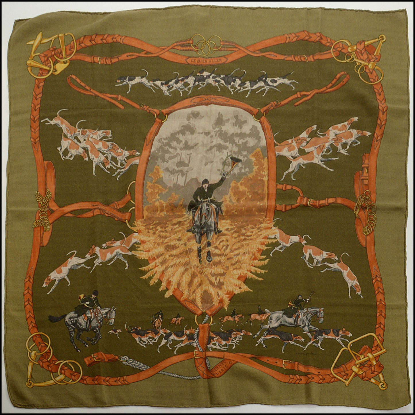 RDC15092 HERMES Vintage Green Cashmere, "Le Bien Aller" 90 Scarf