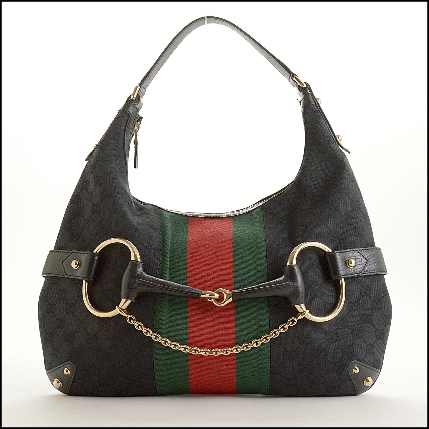 RDC15595 GUCCI Black GG Canvas Red/Gree Web Stripe Horsebit Hobo Bag