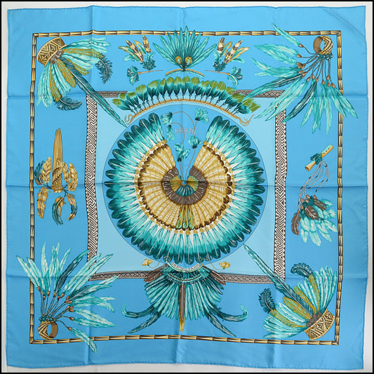 RDC14791 HERMES "Brazil" Feather Headdress Silk Scarf 90