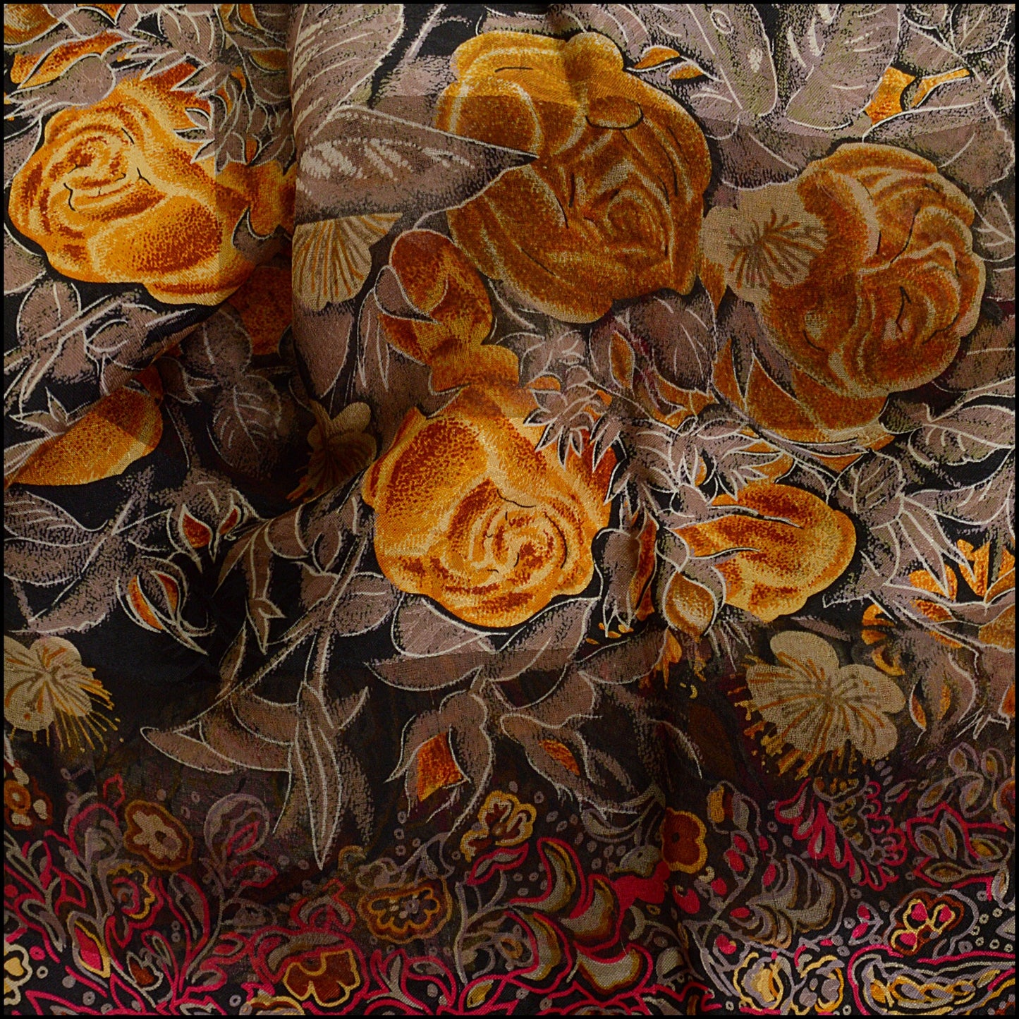 RDC14890 CHRISTIAN DIOR Vintage Black/Gold Flowers & Leaves Large Scarf
