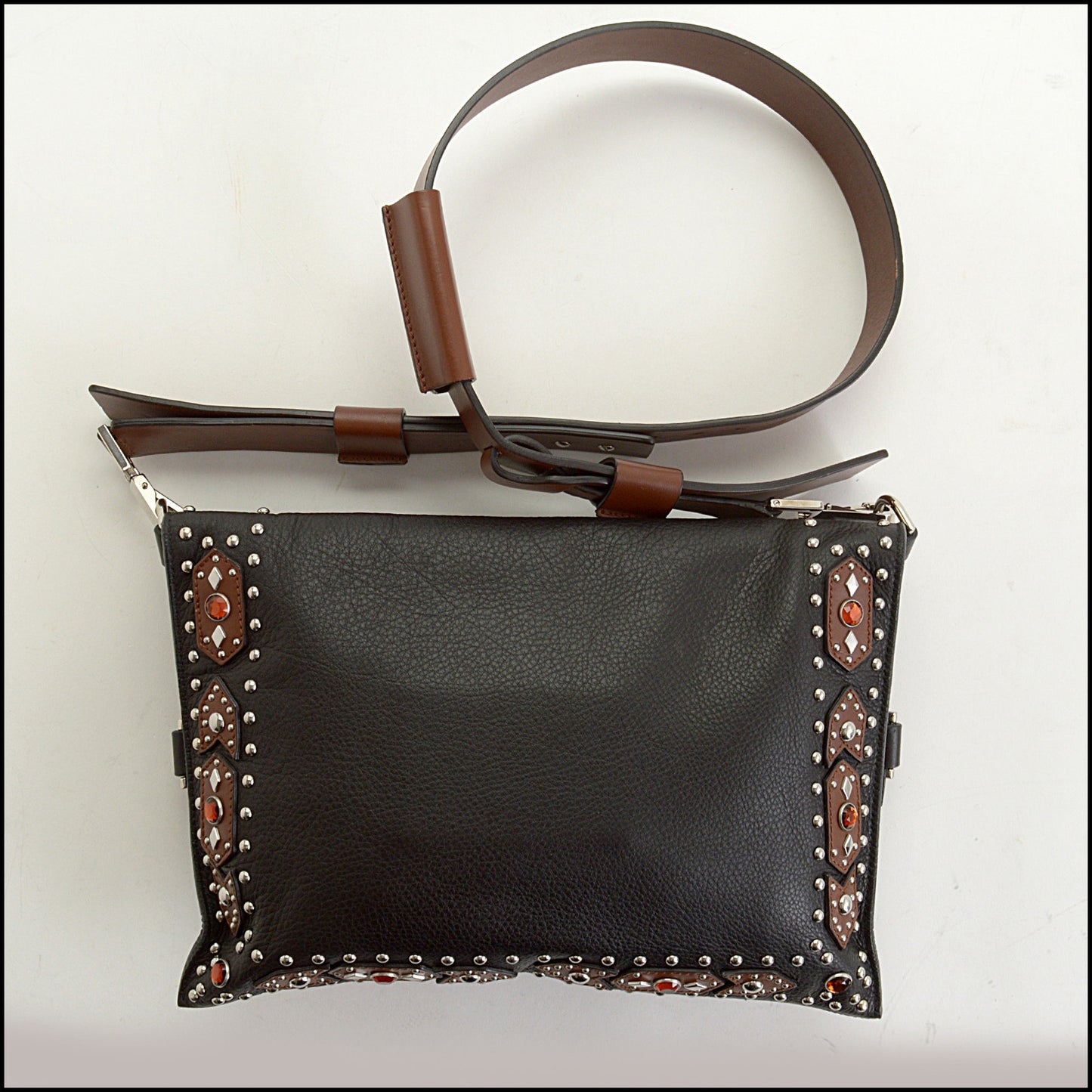 RDC14982 GIVENCHY Black/Brown Studded Fold-Over Clutch Shoulder Bag