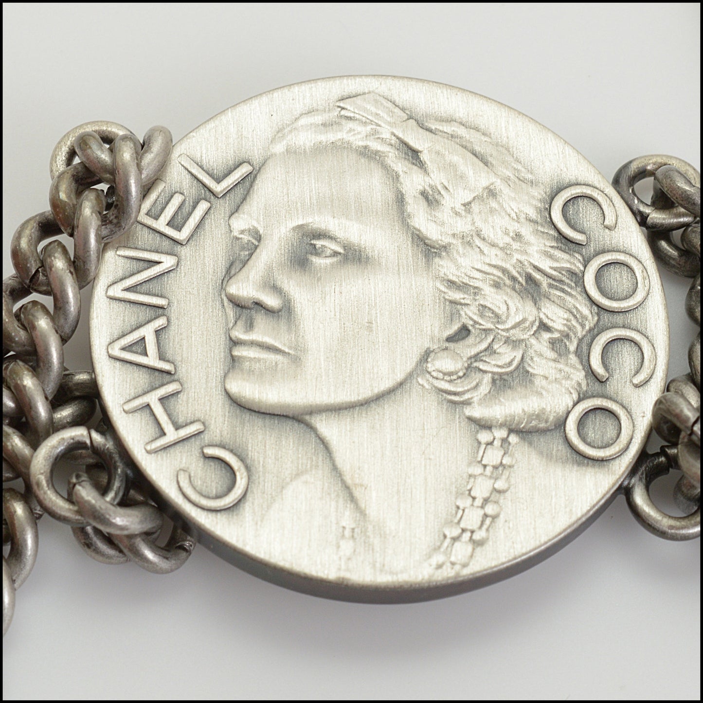 RDC14935 CHANEL Silver Medallion Chain Belt Size 90