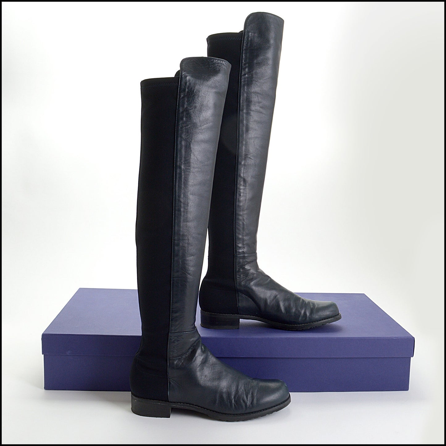 RDC14428 Stuart Weitzman Navy Nappa Leather/Black Stretch Knee-High Boots