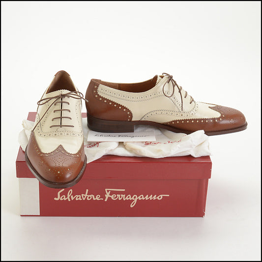 RDC14769 FERRAGAMO Men's Tan & Bone Calfskin Oxford Loafers 9.5 D