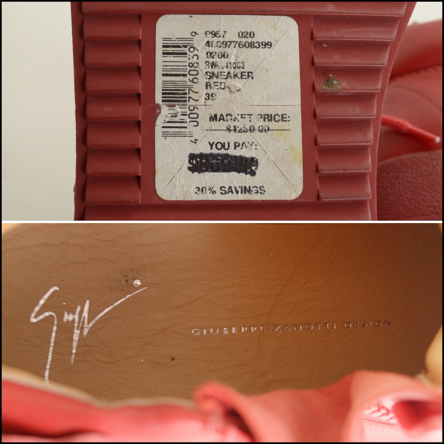 RDC15547 GIUSEPPE ZANOTTI Red Cruel High Top Sneakers Wing Appliques Size 39