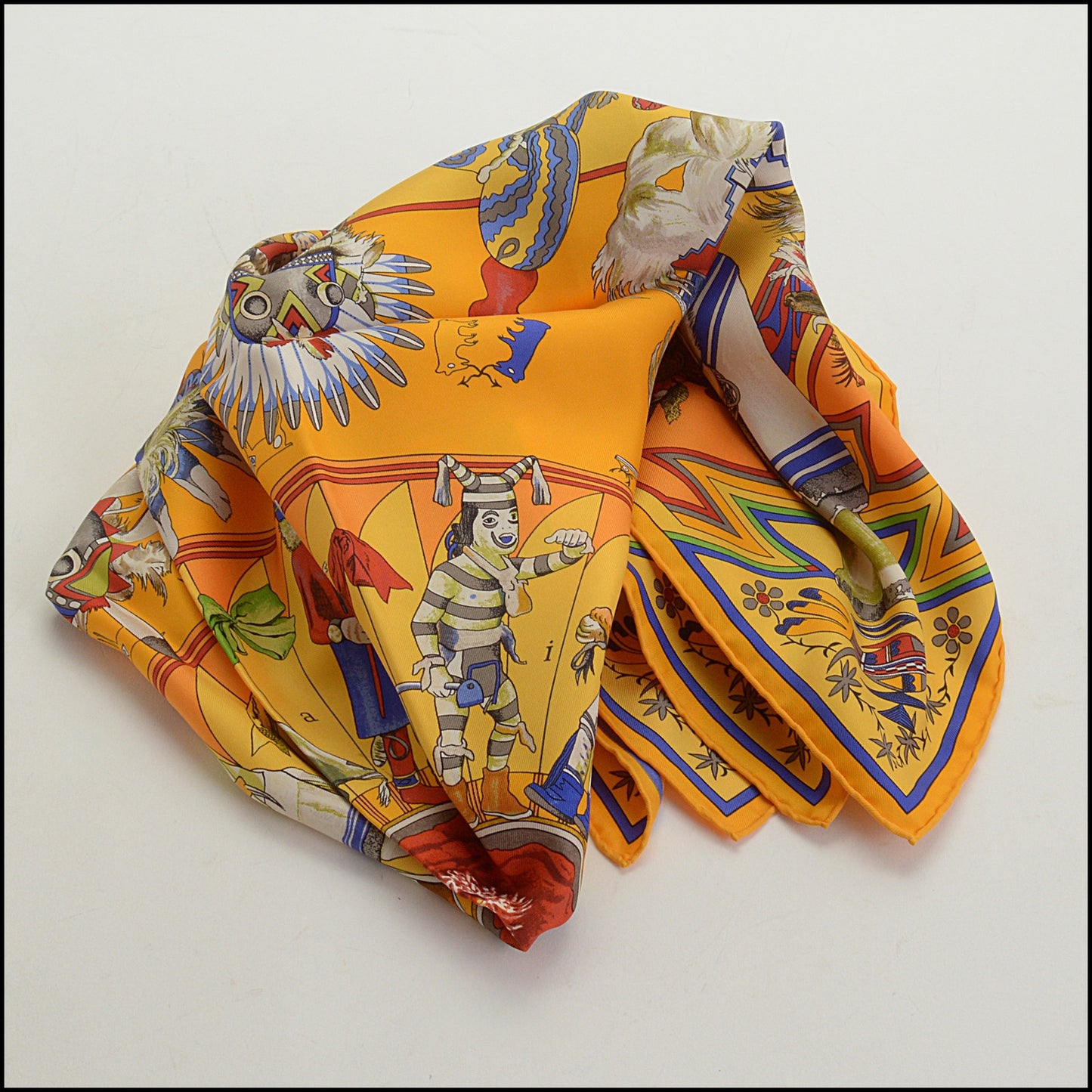 RDC14891 HERMES Vintage Saffron "Kachinas" 90cm Silk Scarf Kermit Oliver