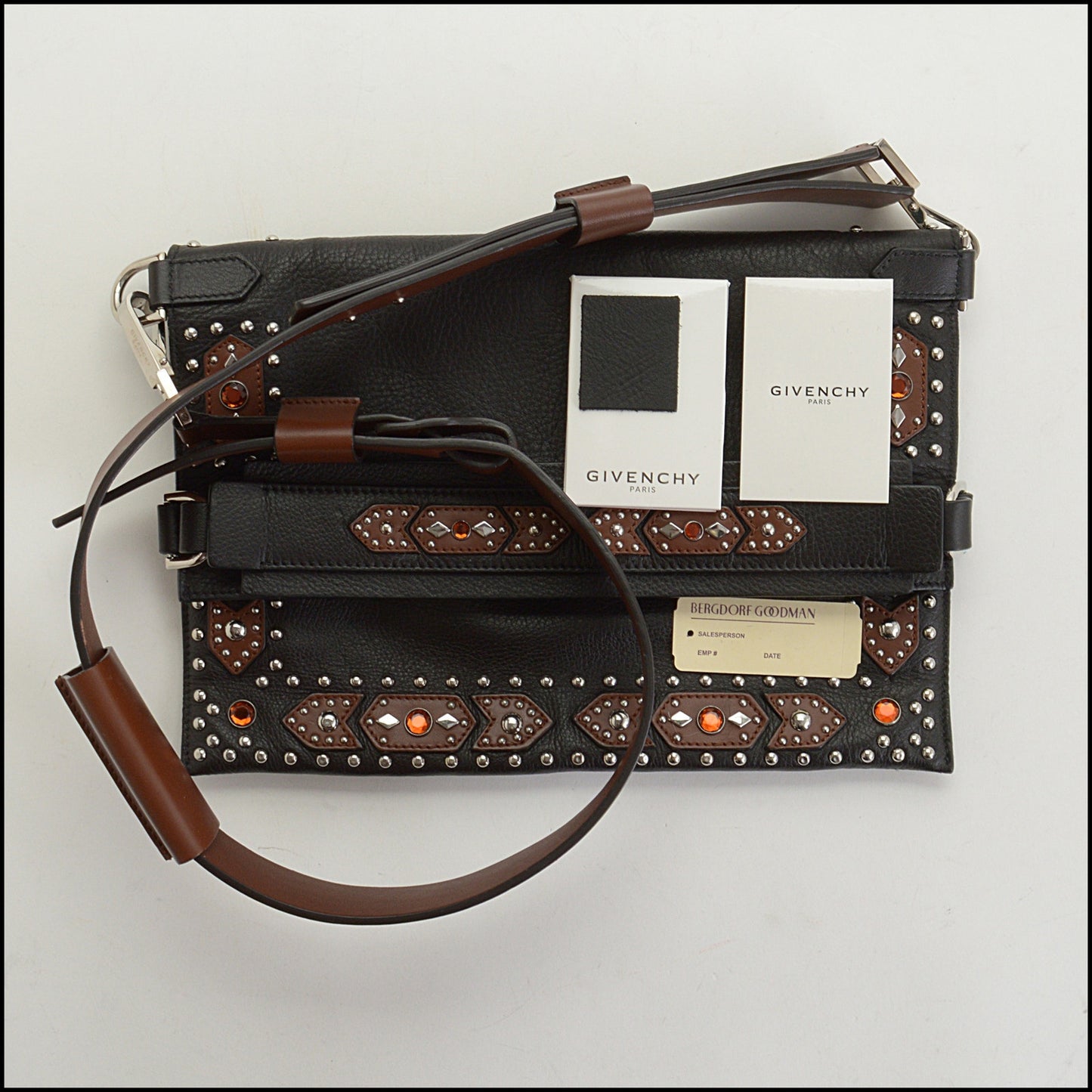 RDC14982 GIVENCHY Black/Brown Studded Fold-Over Clutch Shoulder Bag