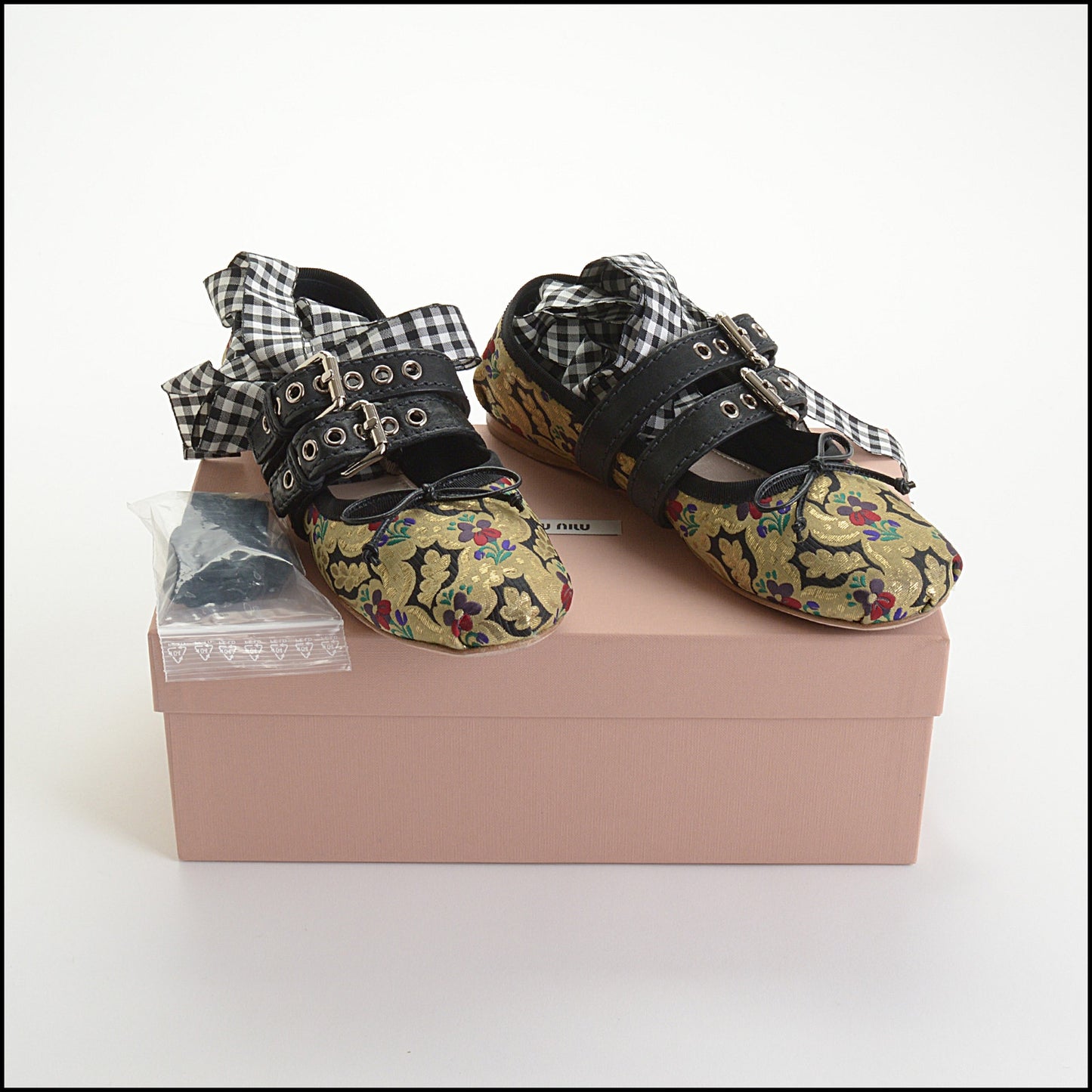 RDC14426 Miu Miu Multicolor Brocade Buckled Ankle-Wrap Ballerinas Size 8