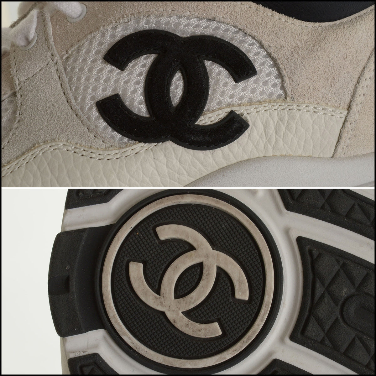 RDC15672 CHANEL Black CC White Mesh/Leather/Light Gray Suede Sneakers Size 38