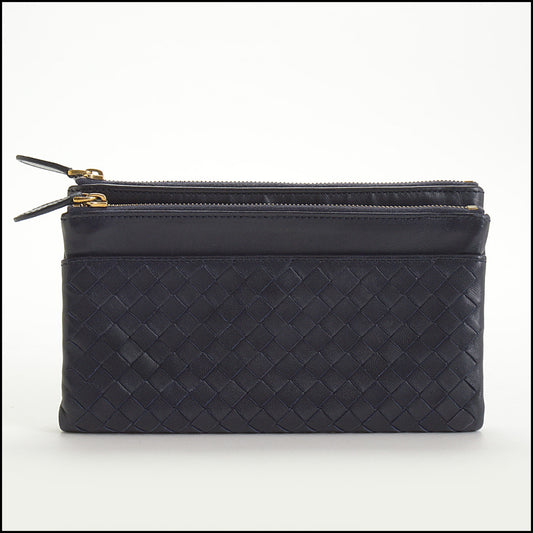 RDC14545 BOTTEGA VENETA Navy Blue Intrecciato Foldover Wallet