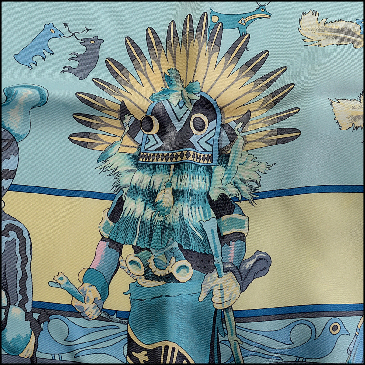 RDC15689 HERMES Blue/Coral "Kachinas'' Gaint Triangle Silk Scarf Kermit Oliver