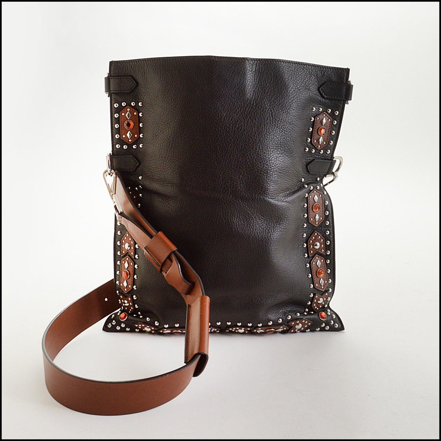 RDC14982 GIVENCHY Black/Brown Studded Fold-Over Clutch Shoulder Bag