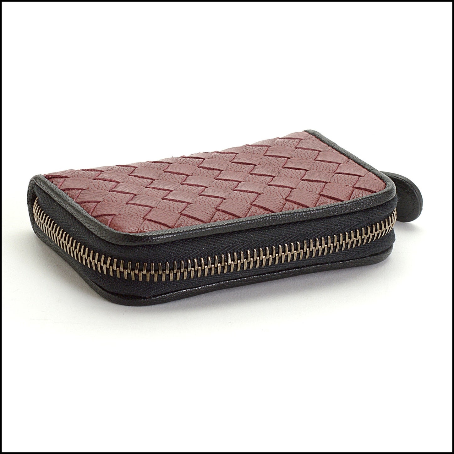 RDC14742 BOTTEGA VENETA Burgundy/Noir Trim Intrecciato Zipped Card Case Wallet