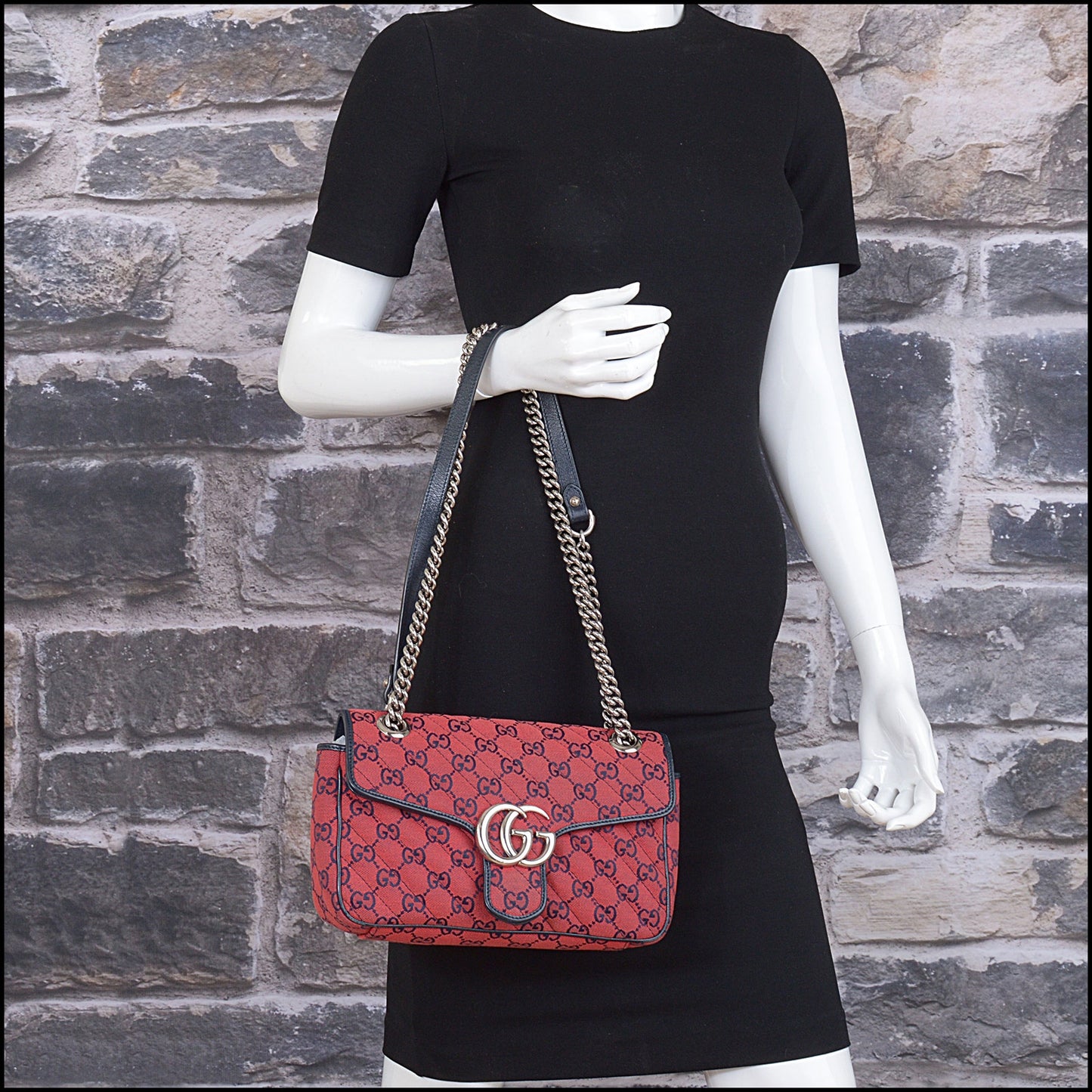 RDC15585 GUCCI Red Monogram Matelasse Diagonal Canvas Marmont Flap Bag