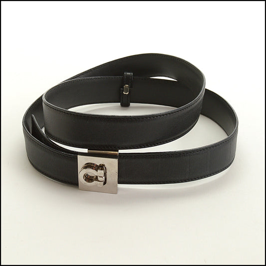 RDC15255 FERRAGAMO Vintage Black Gancini Narrow Belt size 80cm