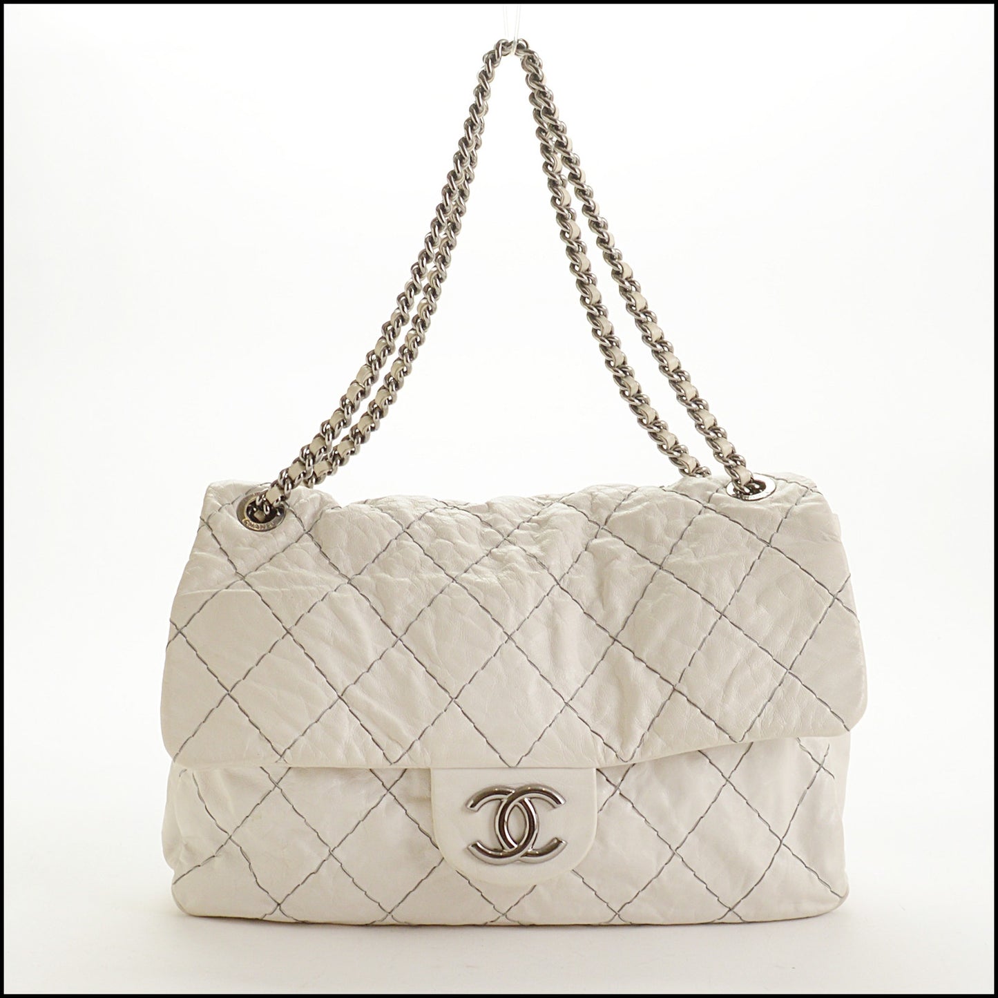 RDC15347 CHANEL '10 Dark White Double Stitch Classic Jumbo Flap Bag