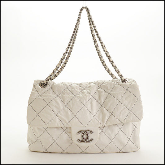 RDC15347 CHANEL '10 Dark White Double Stitch Classic Jumbo Flap Bag