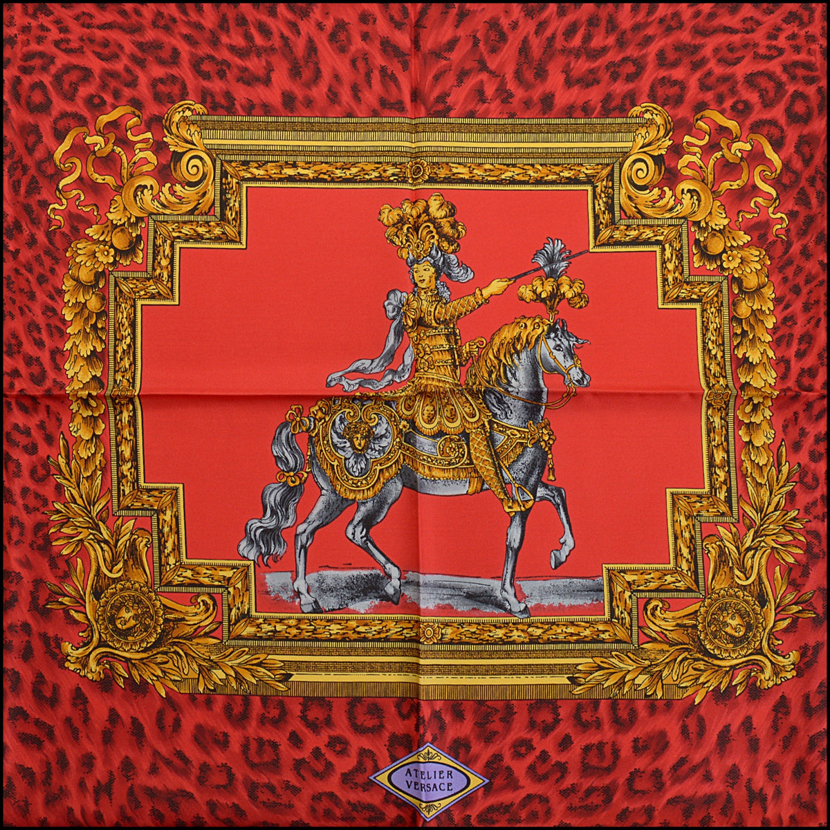 RDC14800 GIANNI VERSACE Vintage Red/Gold Horse & Rider Silk Scarf