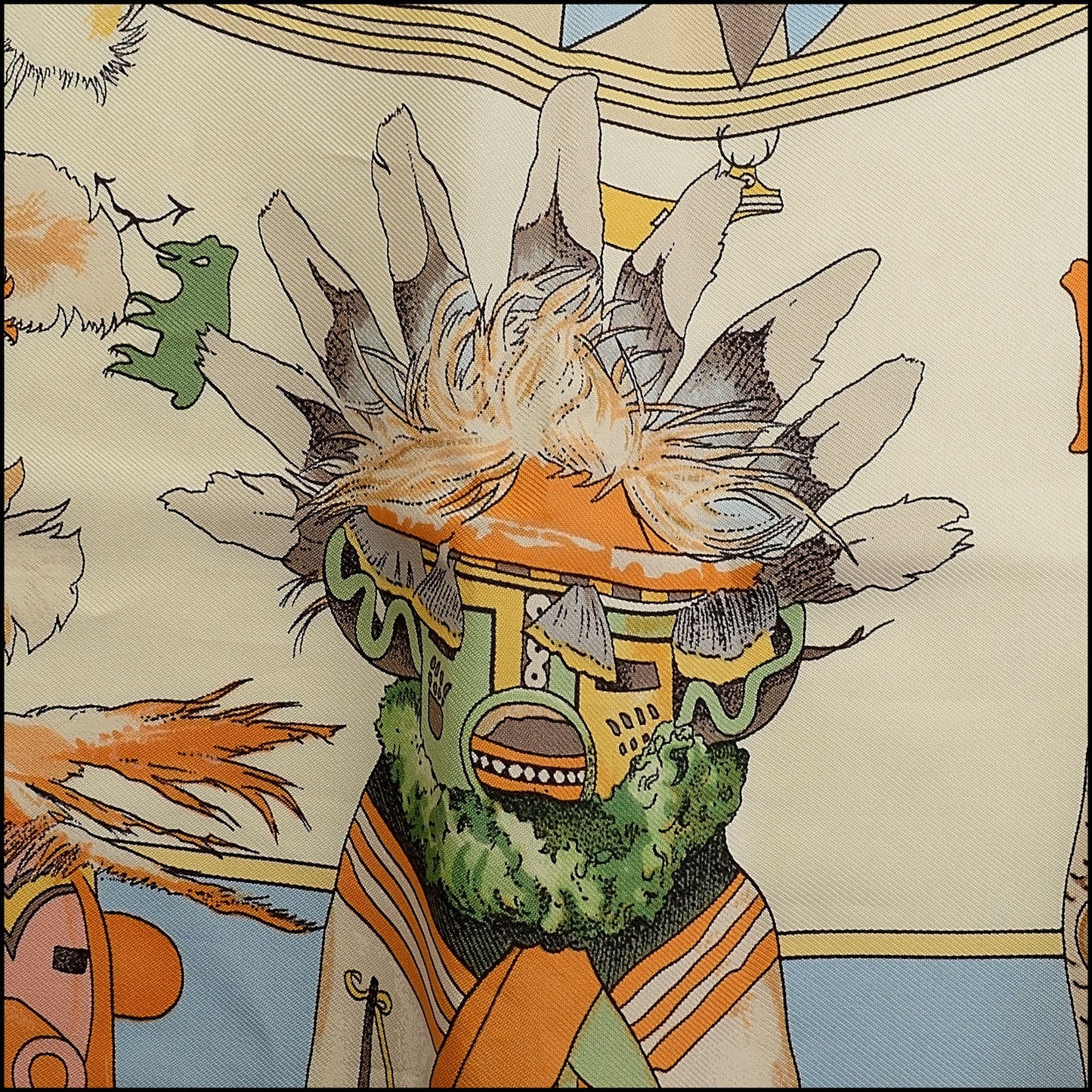 RDC14012 Authentic HERMES Vintage Beige/Multicolor Kachinas Kermit Oliver 90cm Silk Scarf