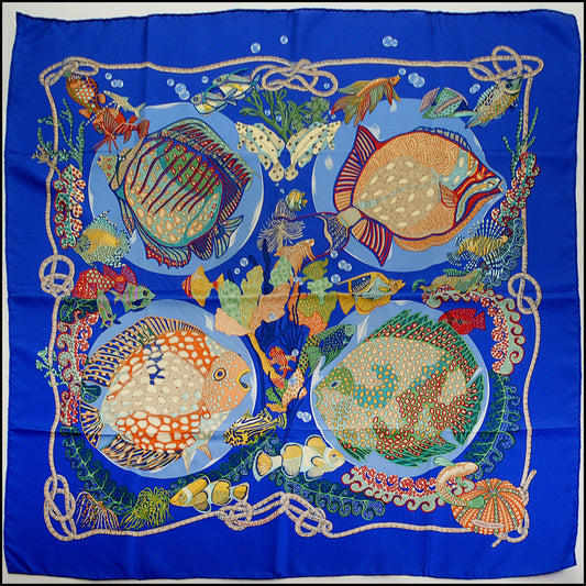 RDC15087 HERMES Cobalt Blue/Multi "Grands Fonds" 90 Silk Scarf