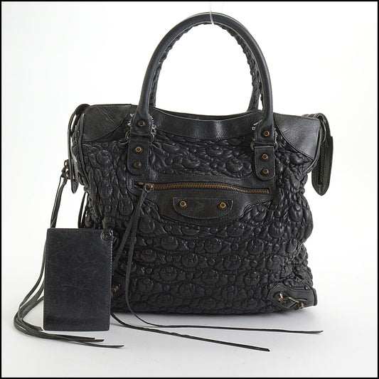 RDC14395 Authentic BALENCIAGA Black Smock Quilted Leather Morning Bag
