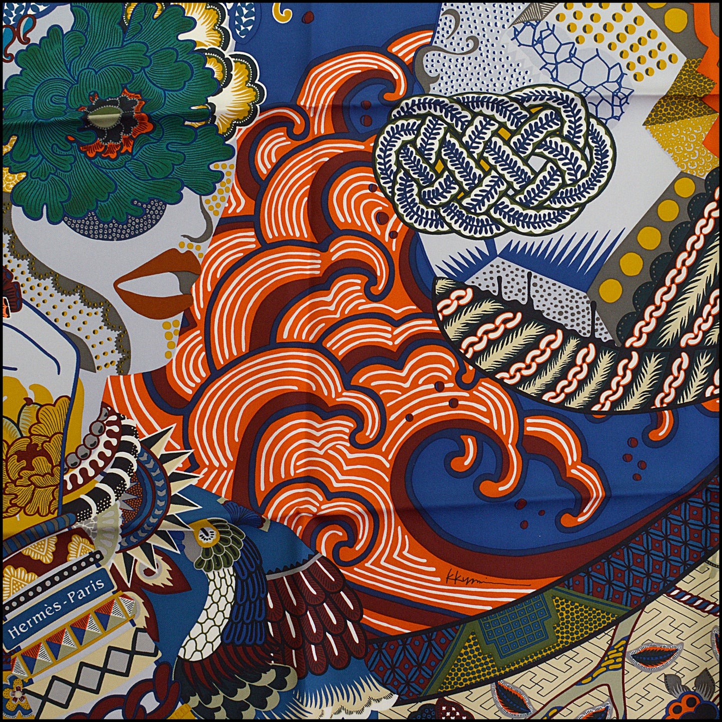 RDC14896 HERMES Bleu Moyen/Multi "Duo Cosmique" 90 Silk Scarf