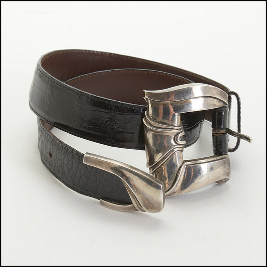 RDC14608 BARRY KIESELSTEIN-CORD Vintage 1987 Black Alligator Sterling Silver Big-Buckle Belt Size XS