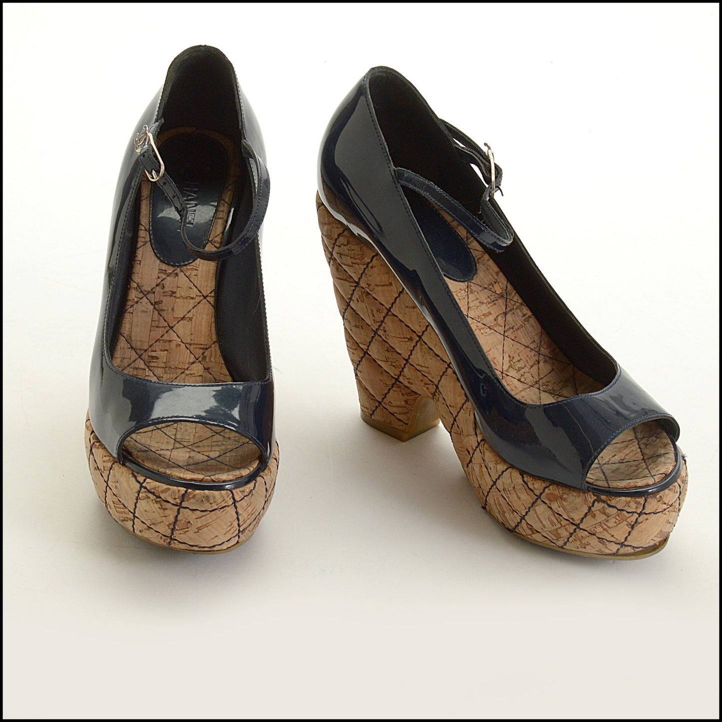 RDC15186 CHANEL Navy Patent Leather Quilted Cork Platforms Size 37.5