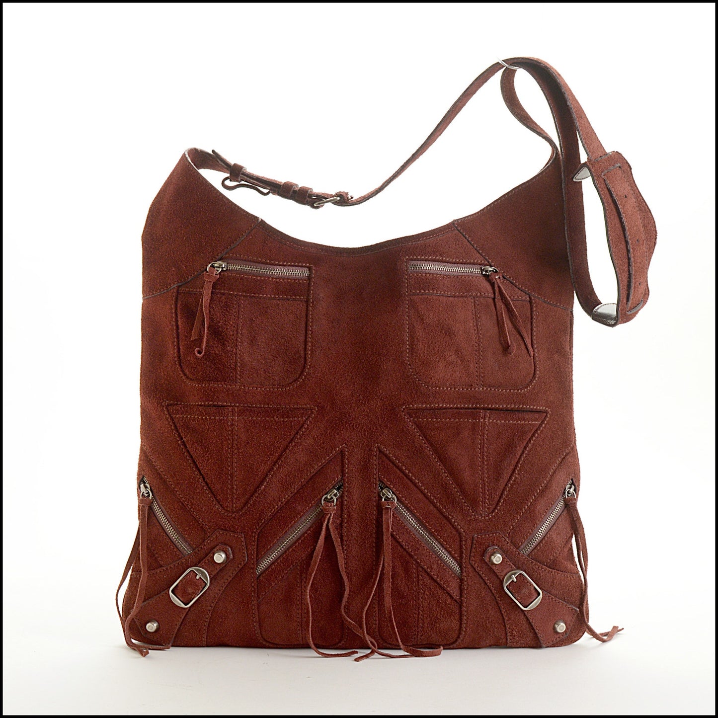 RDC15421 BALENCIAGA '02 Burgundy Suede Besace Multi-zip Moto Messenger Bag