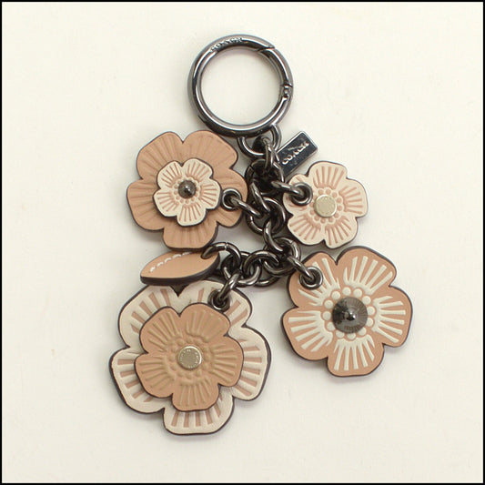 RDC15298 COACH Pink Willow Floral Mix Tea Rose Leather Keyring Bag Charm