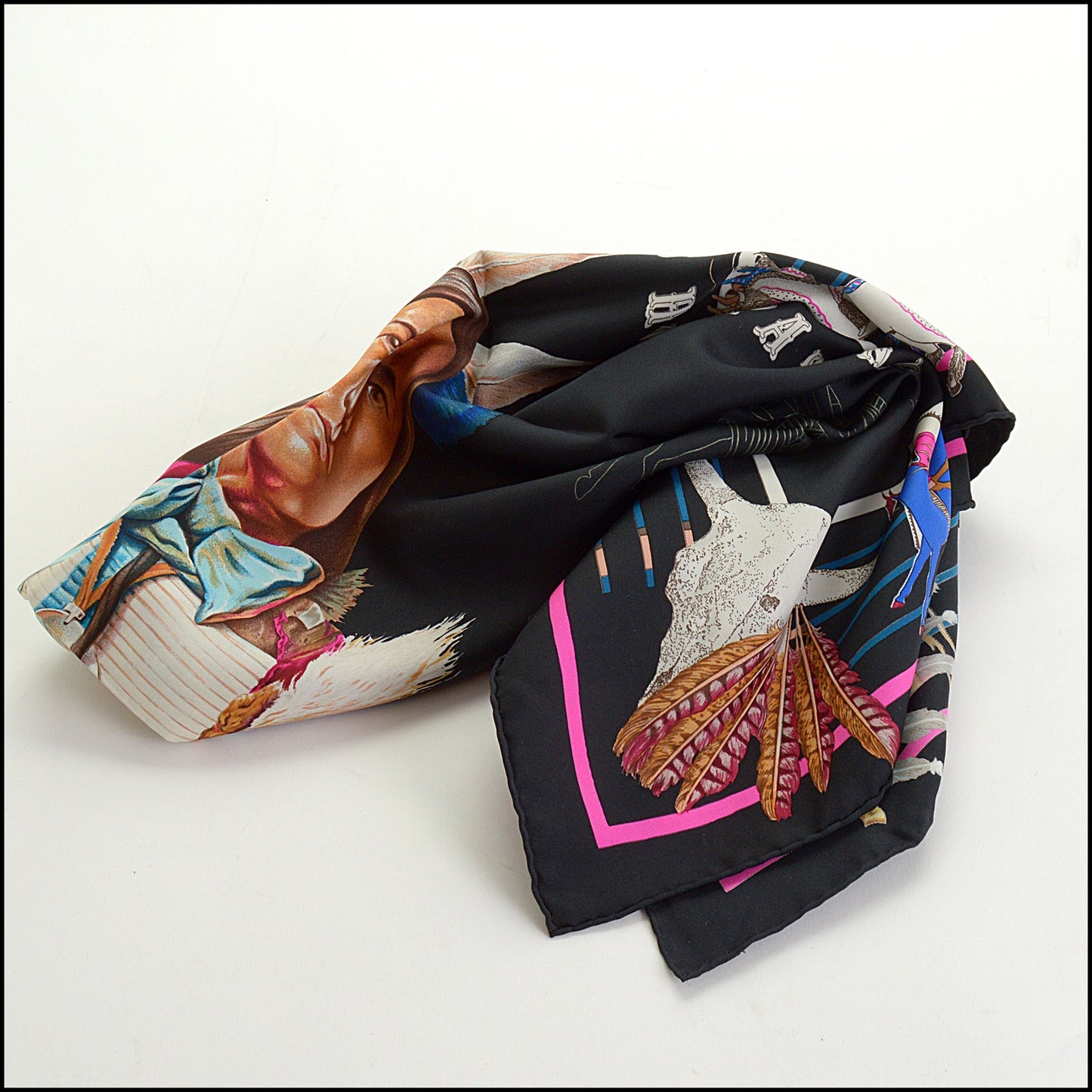RDC14476 Hermes 90cm "Pani La Shar Pawnee" Black Silk Scarf by Kermit Oliver