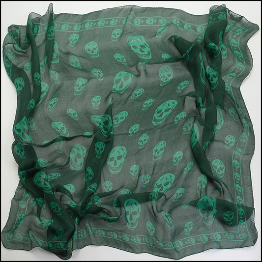 RDC14355 Authentic ALEXANDER MCQUEEN Dark Green 100% Silk Chiffon Skull Scarf