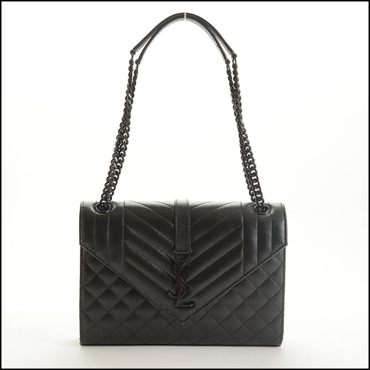 RDC15411 SAINT LAURENT Black Grain de Poudre Quilted Envelope Bag Medium