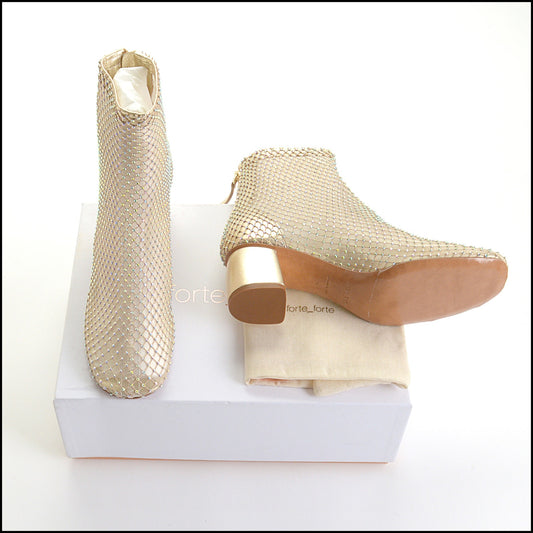 RDC14436 Forte_Forte Gold Leather Crystal Mesh Ankle Boots Size 39