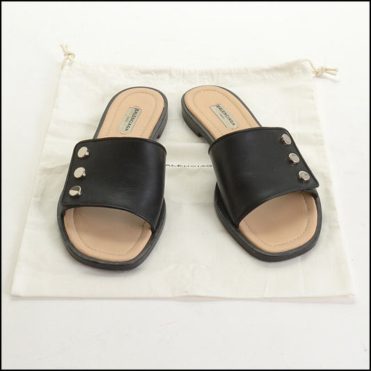 RDC14962 Authentic BALENCIAGA Black Leather Studded Accent Slides Size 38.5