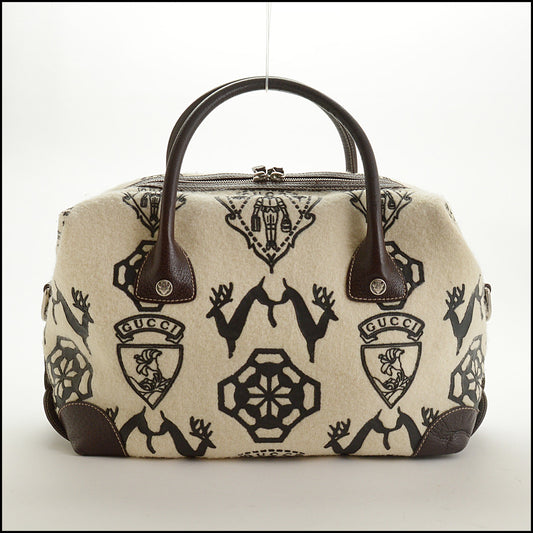 RDC15325 GUCCI Cream Wool/Ebene Printed Deer/Groom/Crest Boston Bag