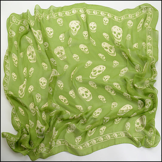 RDC14354 Authentic ALEXANDER MCQUEEN Light Green 100% Silk Chiffon Skull Scarf