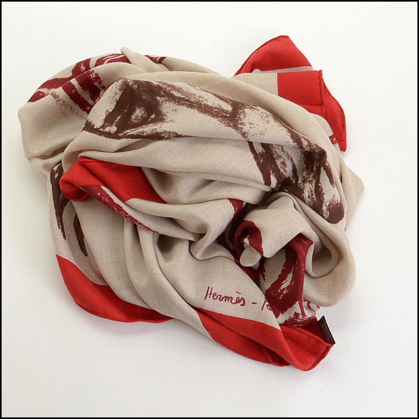 RDC14924 HERMES Natural/Red Cashmere Silk "Chevaux Au Pre" 140 Shawl/Large Scarf