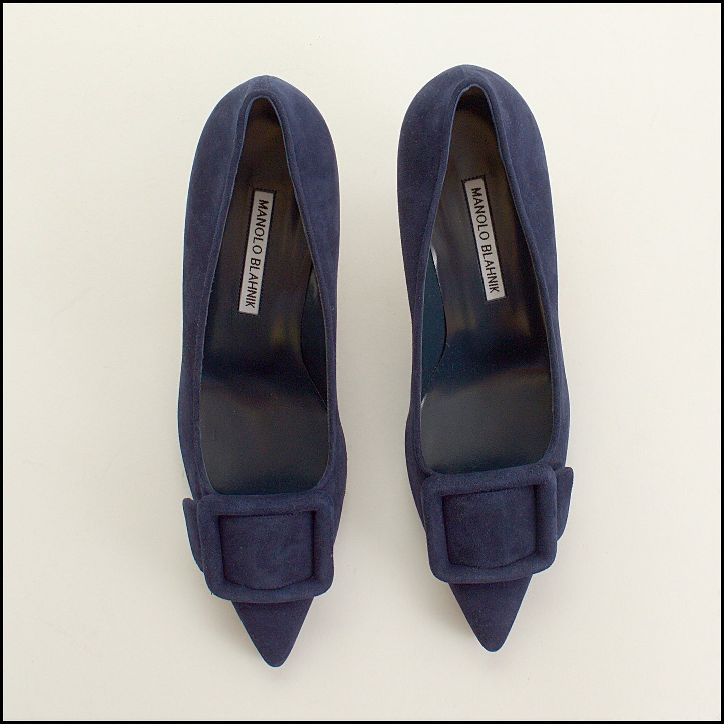 RDC15529 MANOLO BLAHNIK Navy Blue Suede Maysale Buckle 50mm Heel Pumps Size 38.5