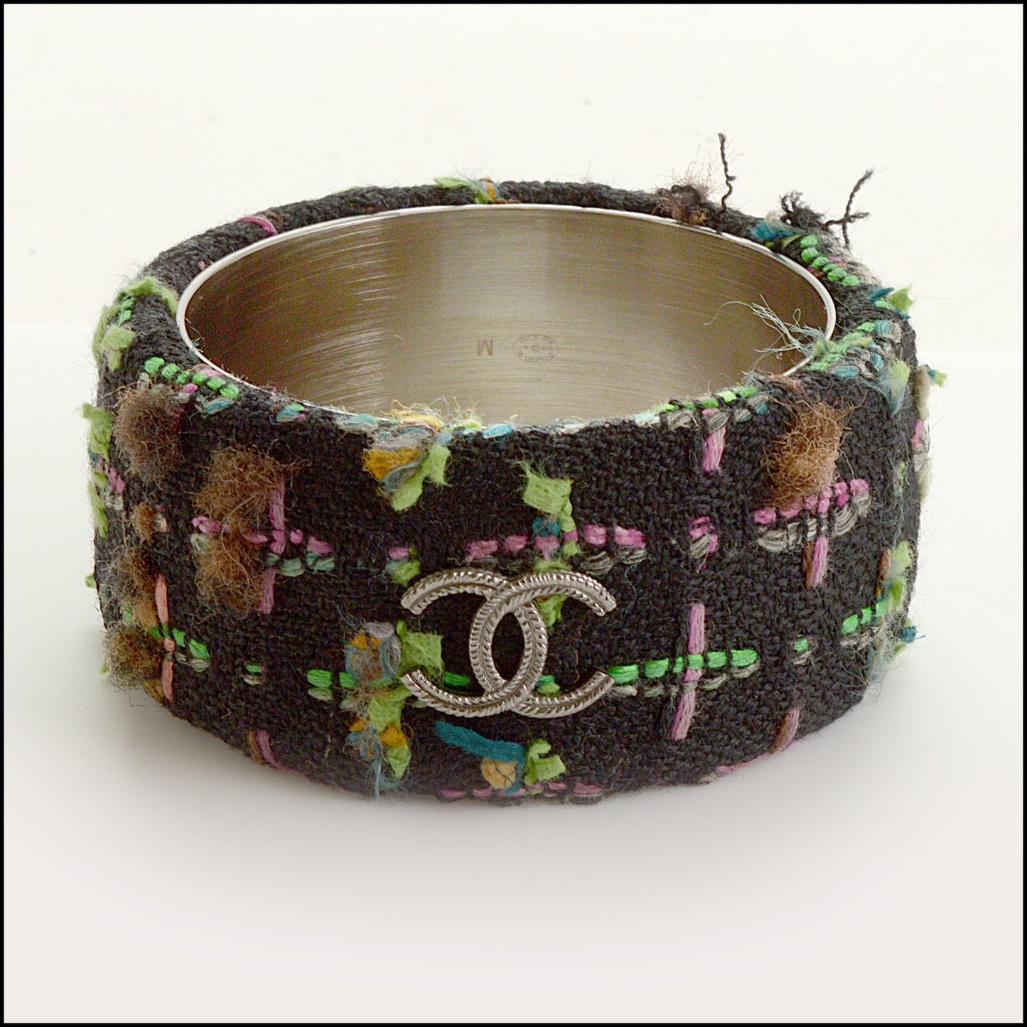 RDC15376 CHANEL '13 Black Tweed Interlocking CC Wide Bangle Size Medium