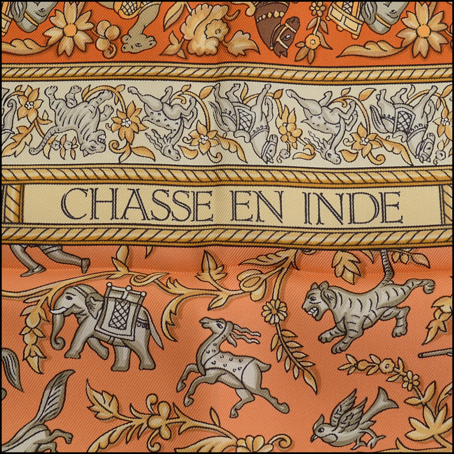 RDC14393 Authentic HERMES Orange/Gold/Silver Chasse en Inde 90cm Silk Scarf