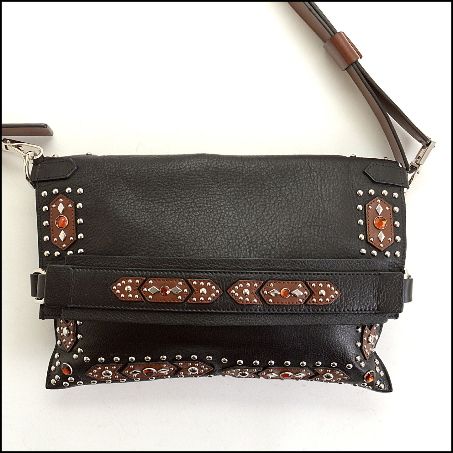 RDC14982 GIVENCHY Black/Brown Studded Fold-Over Clutch Shoulder Bag