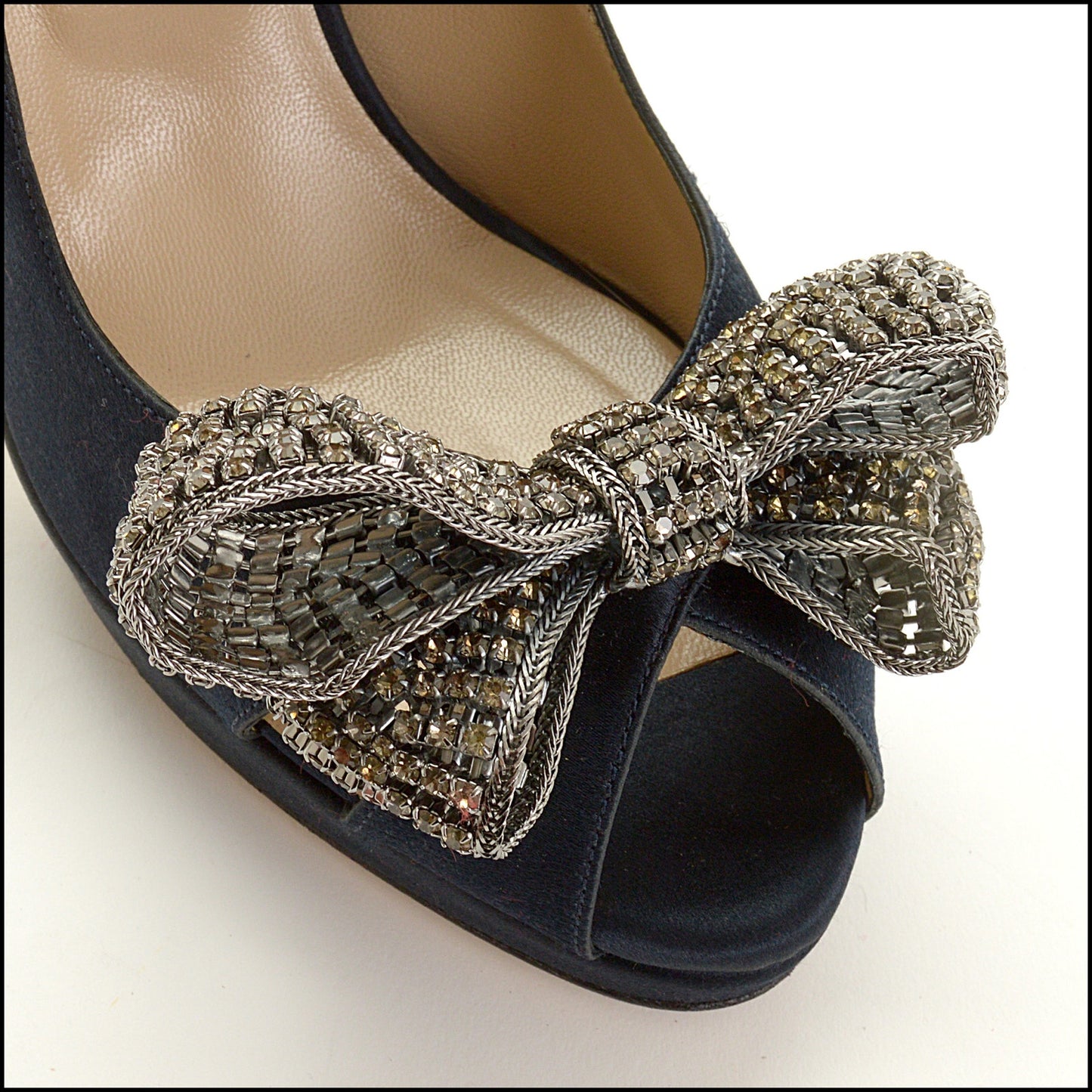RDC15539 VALENTINO Black Satin Crystal Bow Peeptoe Pumps Size 40