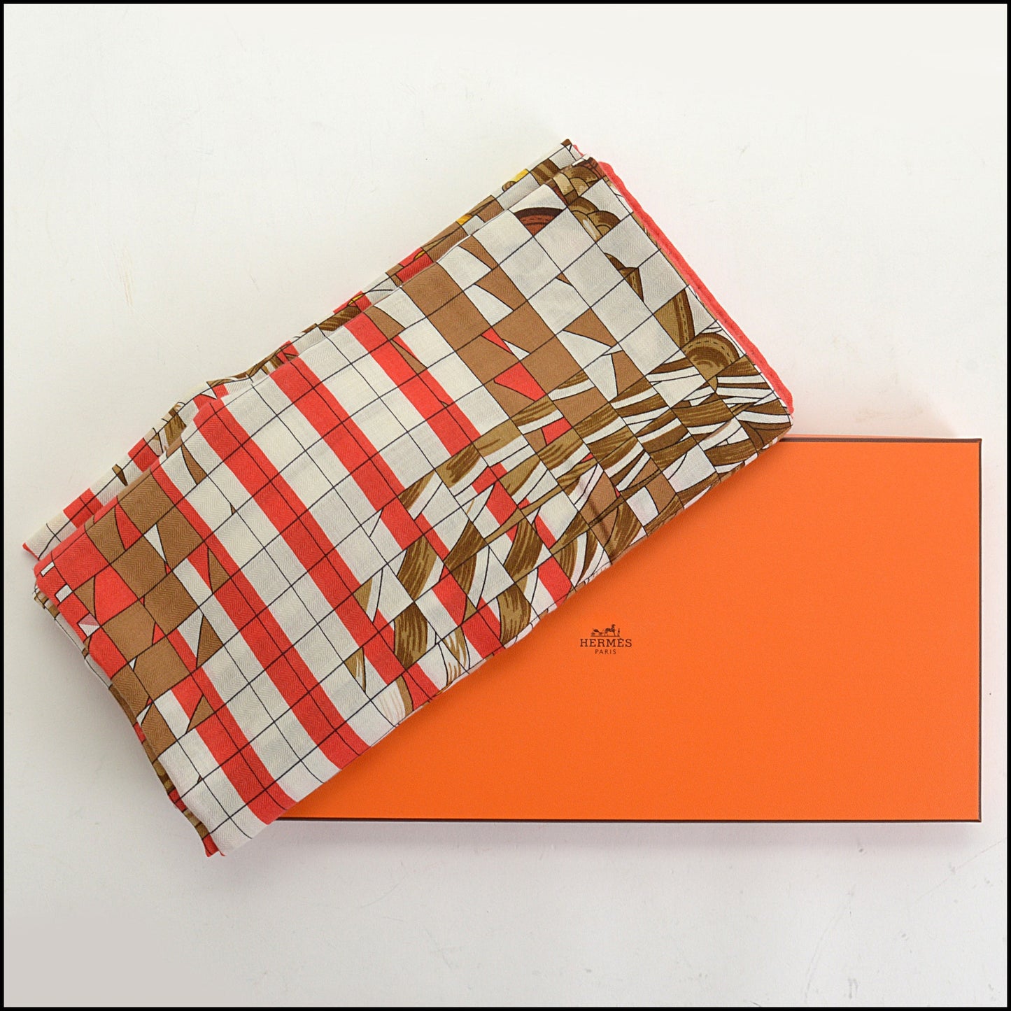 RDC14918 HERMES 2024 Red/White/Multi "Coaching Deja Vu" Cashmere/Silk 140 Shawl