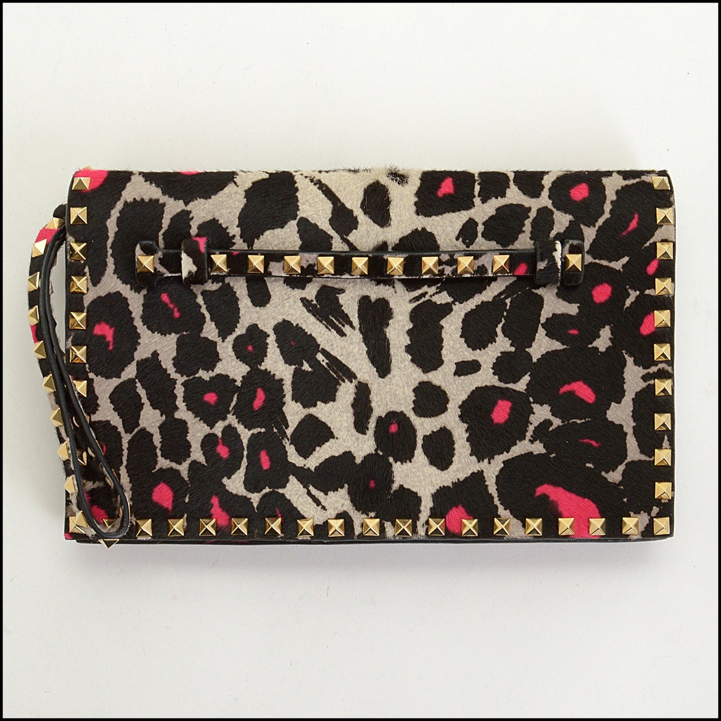 RDC14658 VALENTINO Leopard Print Pony Fur Rockstud Wrist Clutch