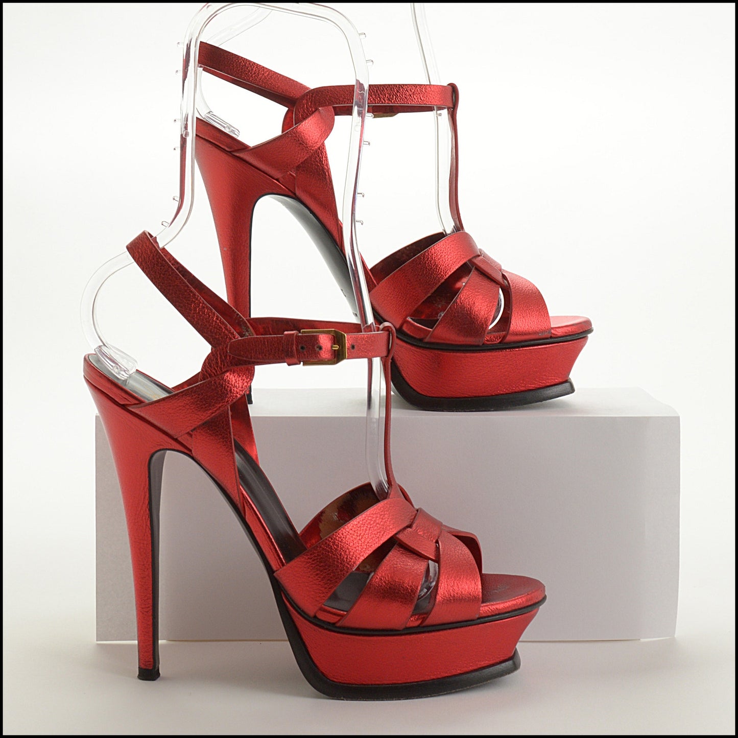 RDC15198 SAINT LAURENT Metallic Red Leather Tribute Platform Heels Size 38