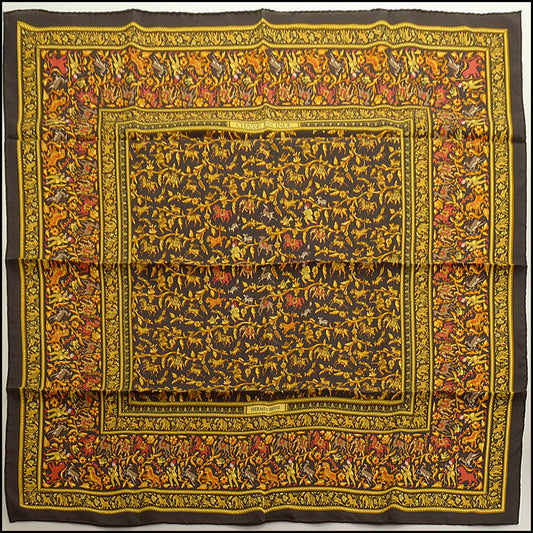 RDC15269 HERMES Dark Brown/Gold "Chasse en Inde" Silk Scarf 90cm